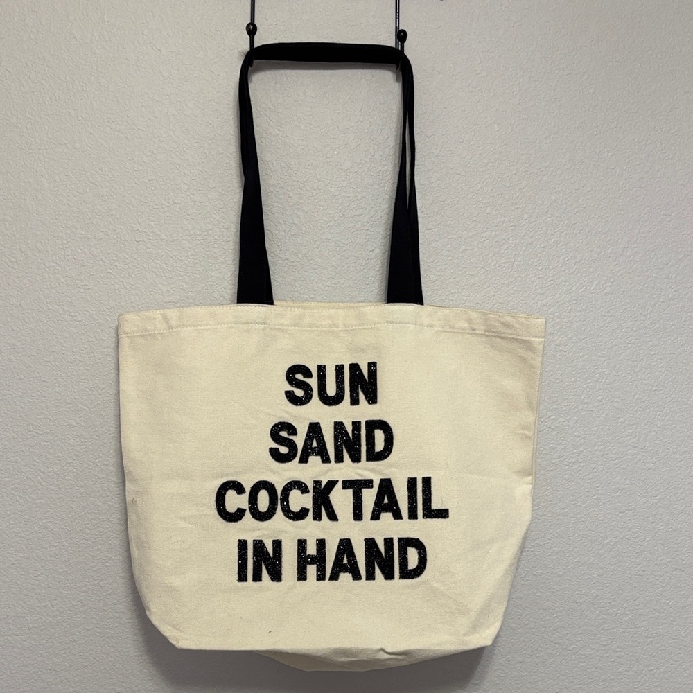 Fallon & Royce Canvas Tote Bag Sun Sand Cocktail In Hand Crystal Embellishment